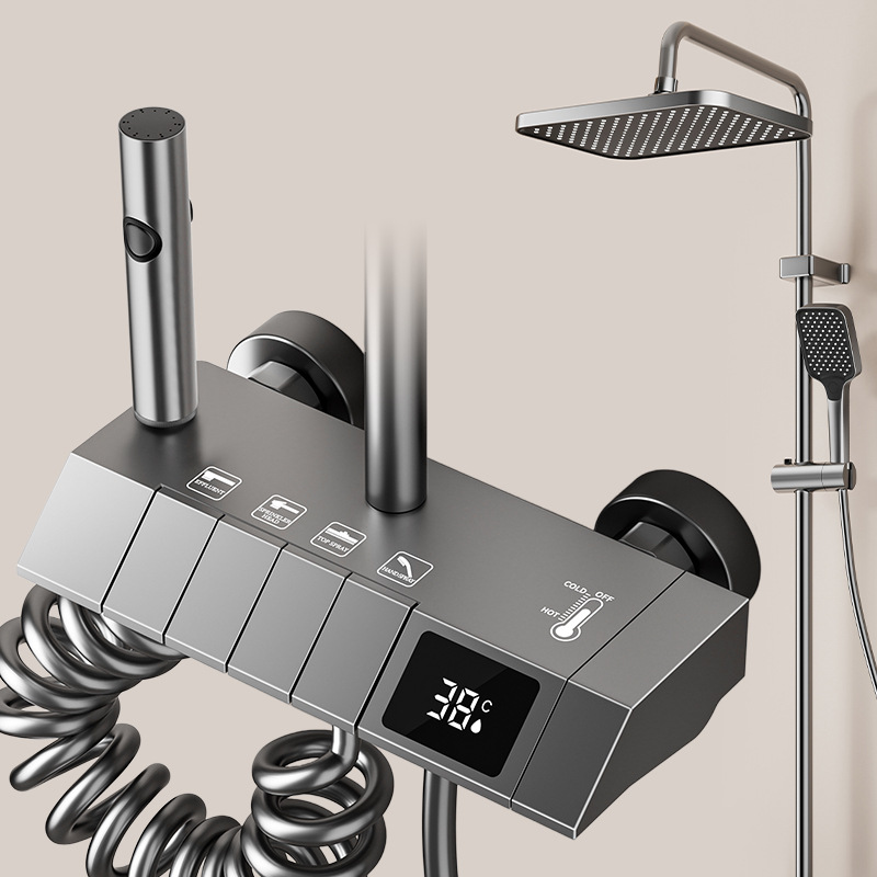 Fábrica transfronteriza ABS pistola gris 4 función presurizada calentamiento frío pantalla digital atmósfera lámpara ducha fuente de baño doméstico al por mayor