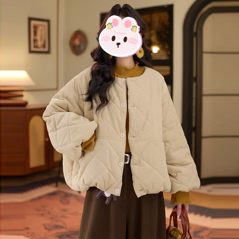 韩版圆领棉服女2025冬季新款时尚简约宽松显瘦休闲加厚保暖棉衣潮