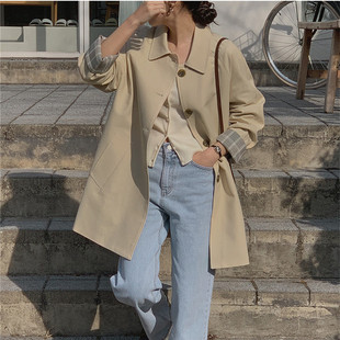 Simple Lapel Workwear Single-breasted Windbreaker Jacket Women's Autumn New Solid Color Casual Mid-length Windproof Top for 2024