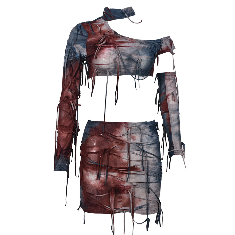 Tassel Ripped Contrast Color Sexy Cropped Tie Dyed Wansheng Set for Women