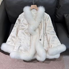 批发 实拍新中式国风外套狐狸毛皮草女真毛中国风羽绒服大衣