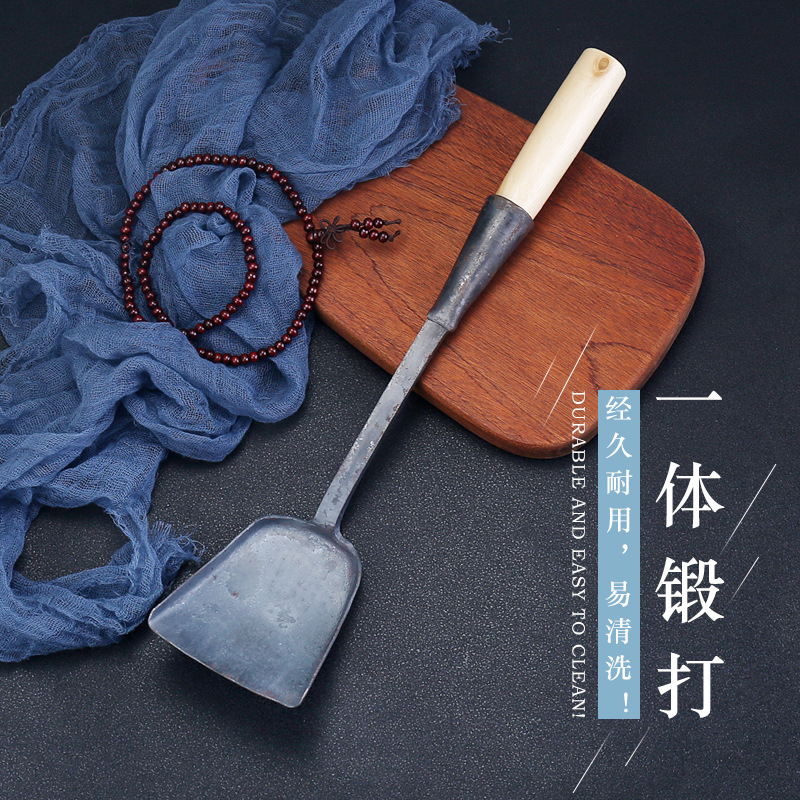 傳統手工鐵匠鍛造打鐵老式鐵鍋鏟子家用炒菜勺鏟木柄經典廚具批發