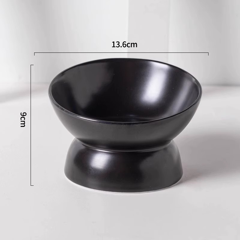 Tazón negro gato tazón de comida para gatos tazón de cerámica para mascotas tazón de arroz tazón de boca oblicua de pies altos antidetonantes protección del cuello