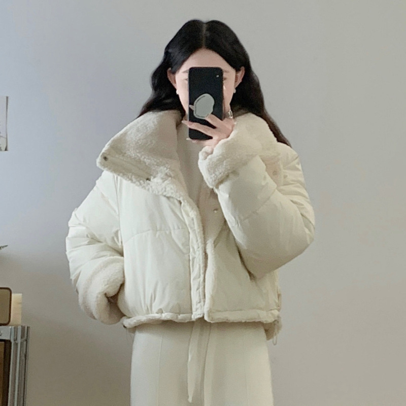 学院风翻领外套女韩版仿羊羔毛羽绒棉服宽松双面穿面包服外搭棉衣|undefined