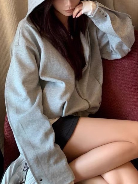 SUNONEON 设计感铆钉宽松连帽卫衣外套女早秋季新美式开衫衣|undefined