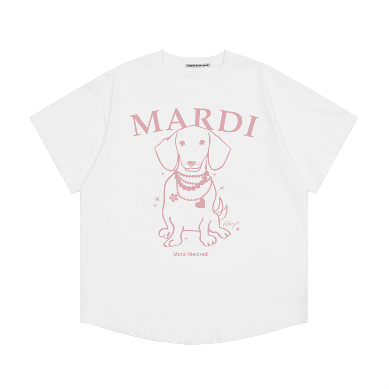 韓国マルディ Tシャツダックスフントレタープリントルーズカジュアルラウンドネック半袖 Tシャツトップ女性用