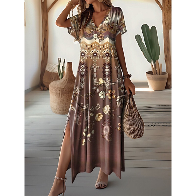 Summer Maxi Dress Casual V Neck Long Sleeve Bohemian Peacock Print Floral Long Dress