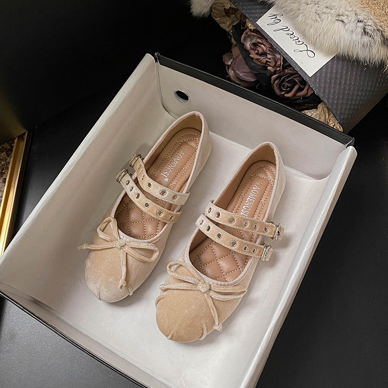 Runaway Princess Ballet Shoes, Soft Sole Velvet Mary Jane Shoes For Women, Early Spring Fairy Bowknot Suede Flats_vogvips.com