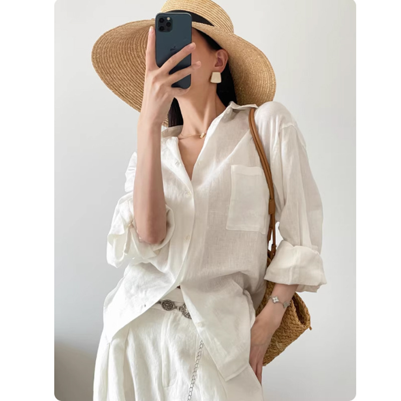 Áo sơ mi nữ linen Pháp Klein Blue dáng rộng chống nắng mùa hè — màu trắng, Xanh da trờicolor chi tiết 2