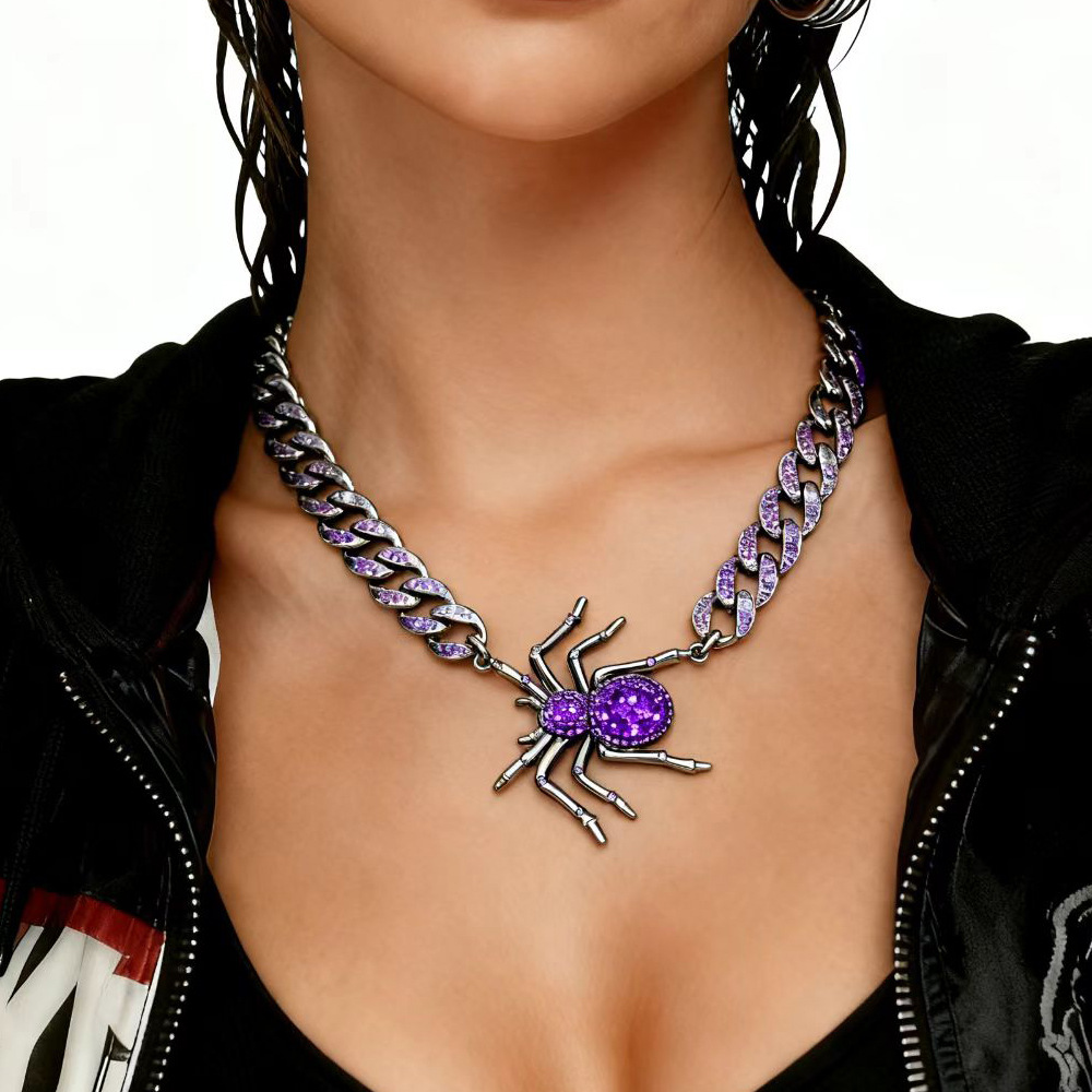 Transfronterizos Europa y América exagerada Halloween araña púrpura joyas de forma ins personales diamantes grandes accesorios colgante de araña