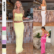 wish跨境新款气质雪纺裙子两件套欧美高端女装吊带半身裙时尚套装