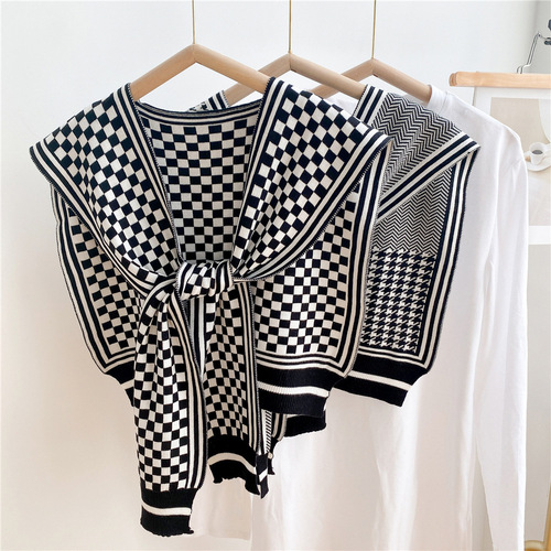 Black and white houndstooth plaid shoulder shawl spring and autumn outer knitted scarf for women, fashionable and versatile, decorative fake collar waistcoat