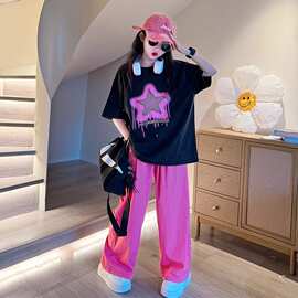 女童五角星短袖阔腿裤夏装中大童夏季新款撞色网红韩版短袖两件套