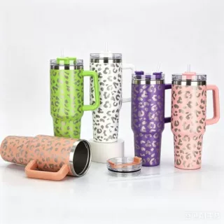 豹纹40oz手柄汽车杯Kitty猫不锈钢大容量真空保温吸管冰霸水杯