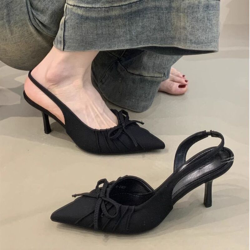 Pointed Bow Flats, Spring and Summer Niche Elegant High Heels, Toe-Cap Sandals, Fairy Shoes, 2025 New Style Pointed Bow Flats, Spring and Summer Niche Elegant High Heels, Toe-Cap Sandals, Fairy Shoes, 2025 New Style