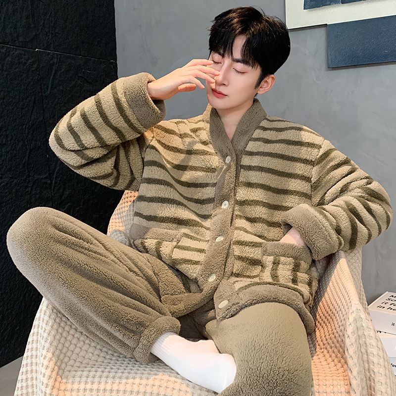 New Striped High-Weight Men's Winter Pajamas, Thickened Coral Velvet Suit, Can Be Worn Outside as Warm Home Clothes