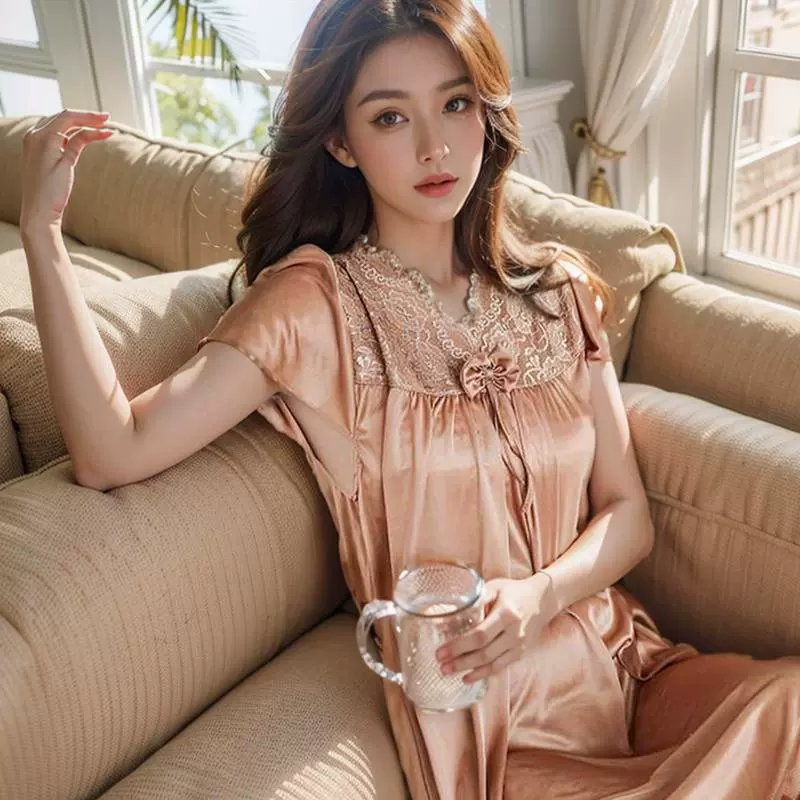 Ясная пижама женская корейская летняя ночная юбка сексуальная тонкая ледяная шелковая имитация коротких рукава шелковая весна и осень