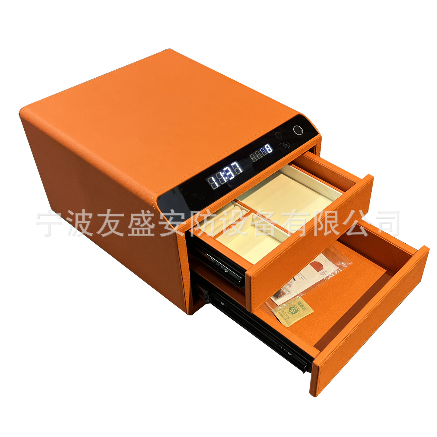 全皮革包裹指纹保险箱智能收纳双层首饰盒爱马仕橙触屏指纹珠宝箱