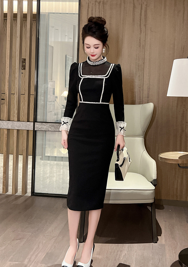 Đầm maxi nữ thắt eo kiểu Hepburn cổ tròn đính hạt — Màu đen chi tiết 9