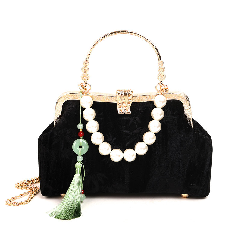 Broderad retro handväska för dam med pärlor och kedja_voghion.com