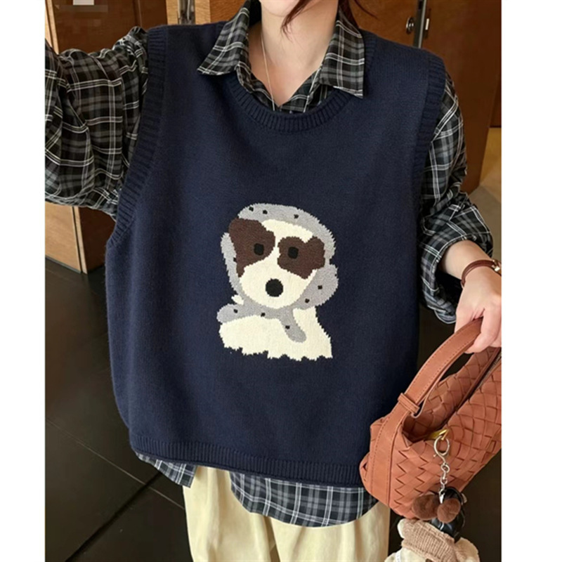 2026 Autumn/Winter New Collection: Round Neck Knit Top, Cartoon Print, Loose-Fit Sleeveless Layering Sweater Vest, Korean-Style Sweet and Trendy Women's Fashion