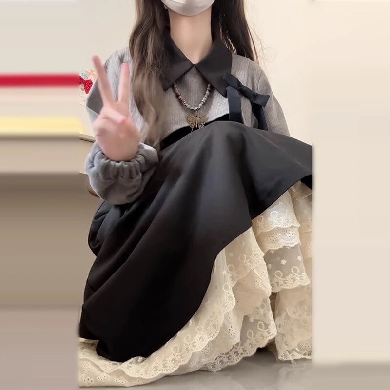 法式黑色长袖连衣裙子女秋冬季2025新款小个子入秋一整套穿搭套装|undefined