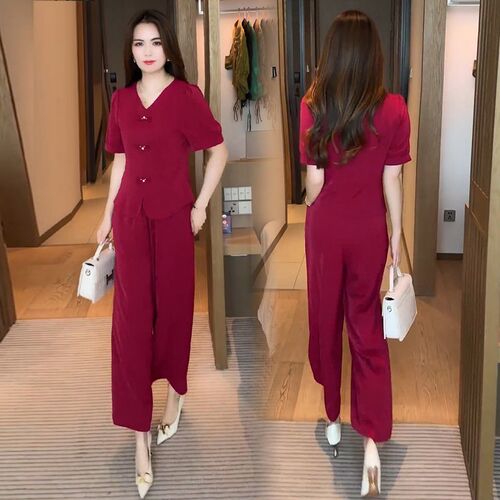 Women's 2025 Summer Ice Silk Set of 2 - New Chinese Style Fashion, Stylish and Slimming, Bodice Button Short Sleeve Wide Leg Pants