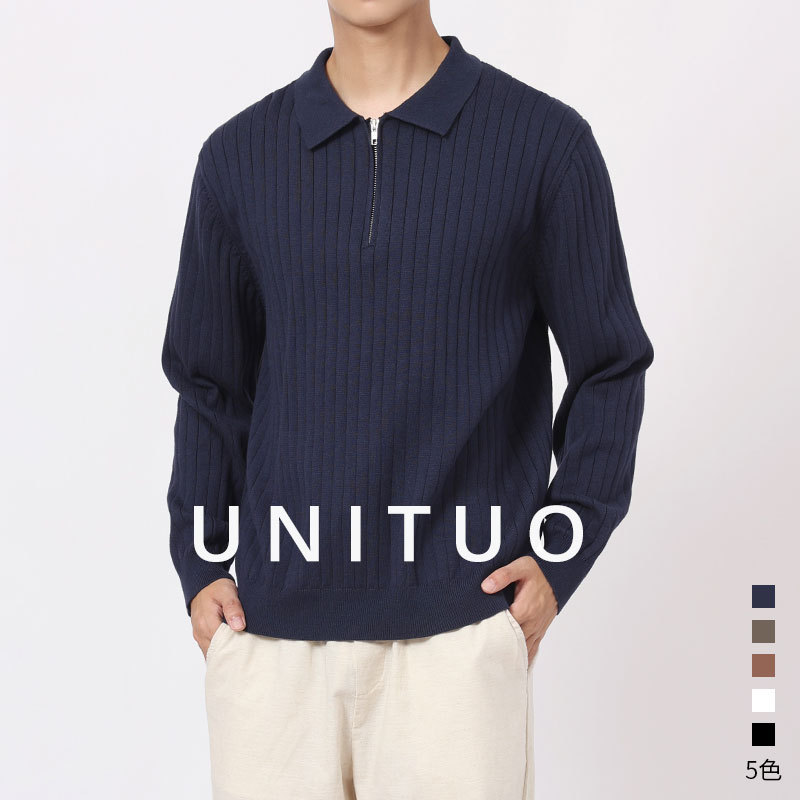 Old Money Style Men's Autumn and Winter Half-Zip Knitwear Accessible Luxury Simple Woolen Lapel Stripesd T-Shirt Polo Knitwear for Men