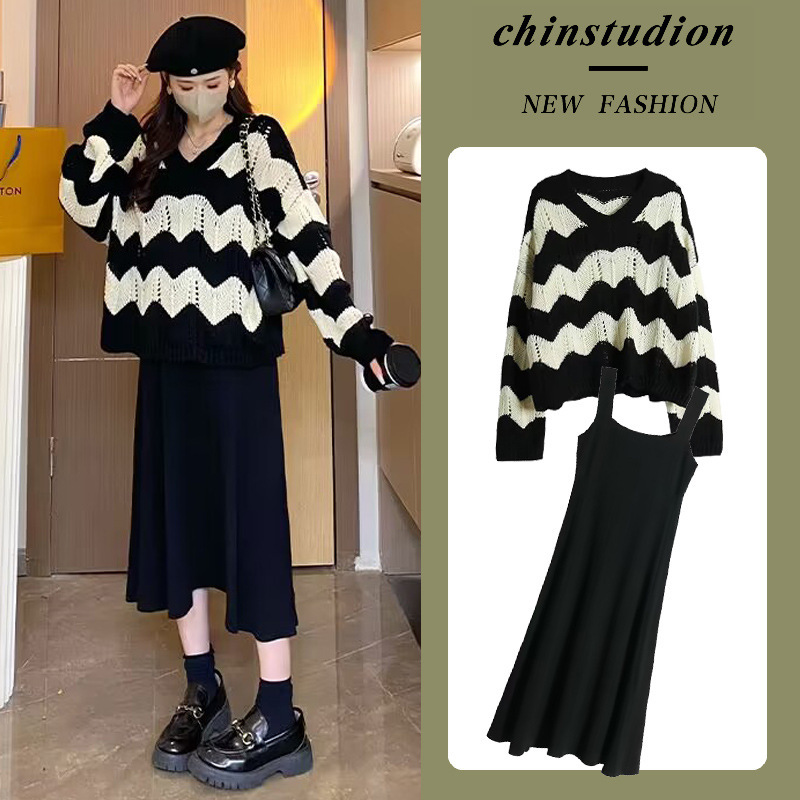 Internet Celebrant V-neck Knitted Pregnant Women's Two-piece Set Korean Style Pregnant Women's suit Women's Sweater Slip Skirt Postpartum Lactation suit