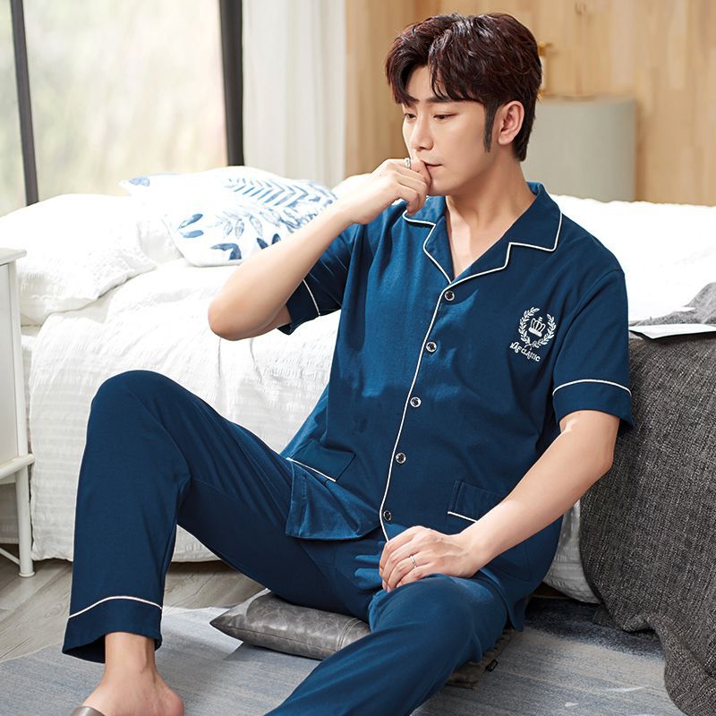 Pijamas pantalones de manga corta para hombres algodón verano delgado cardigan solapa ropa para el hogar más traje de tamaño