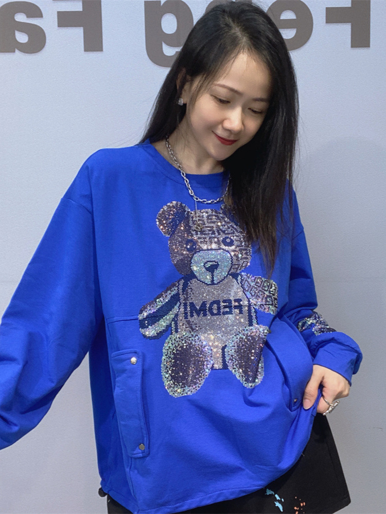 Sudadera de Manga Larga con Cuello Redondo para Mujer de Algodón con Pedrería para Uso Diario