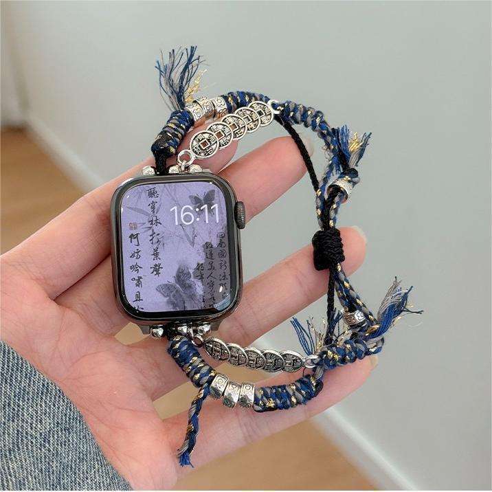 Suitable for Chinese-Style Watch Bands for Apple Watch, Summer Vintage Multifunctional Five-Emperors Woven Soft Case Full-Cover Chanel-Inspired National Trend