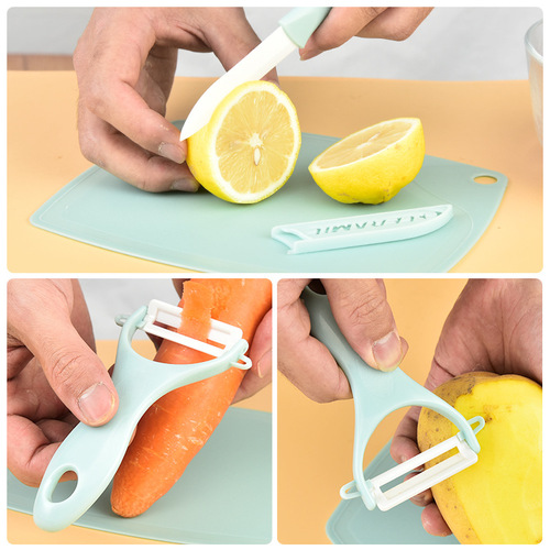 Ceramic fruit knife set, fruit and vegetable peeler, cutting board, kitchen gift, ceramic peeler, three-piece knife set