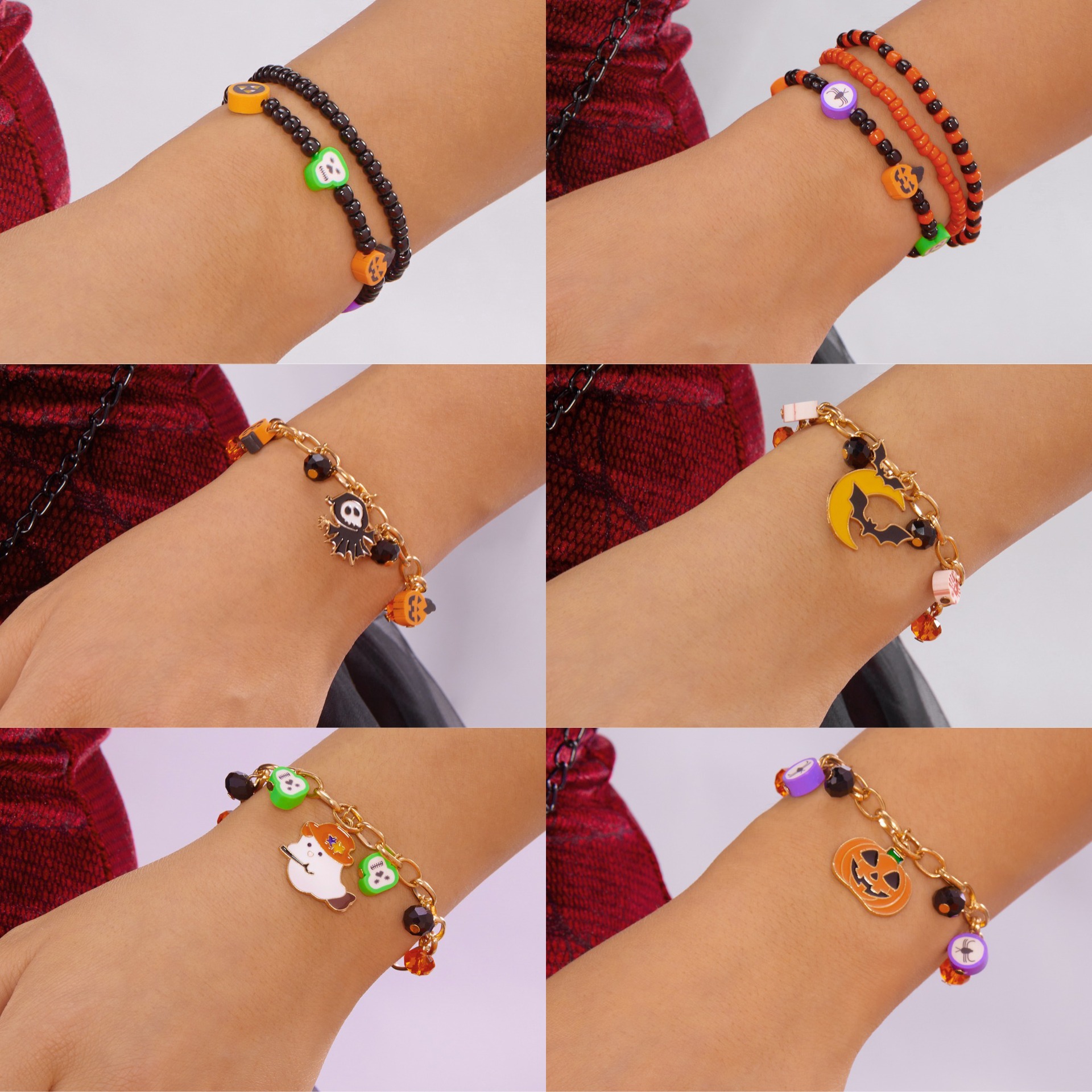 跨境欧美万圣节死神幽灵南瓜百搭合金水晶手链卡通创意软陶手饰品