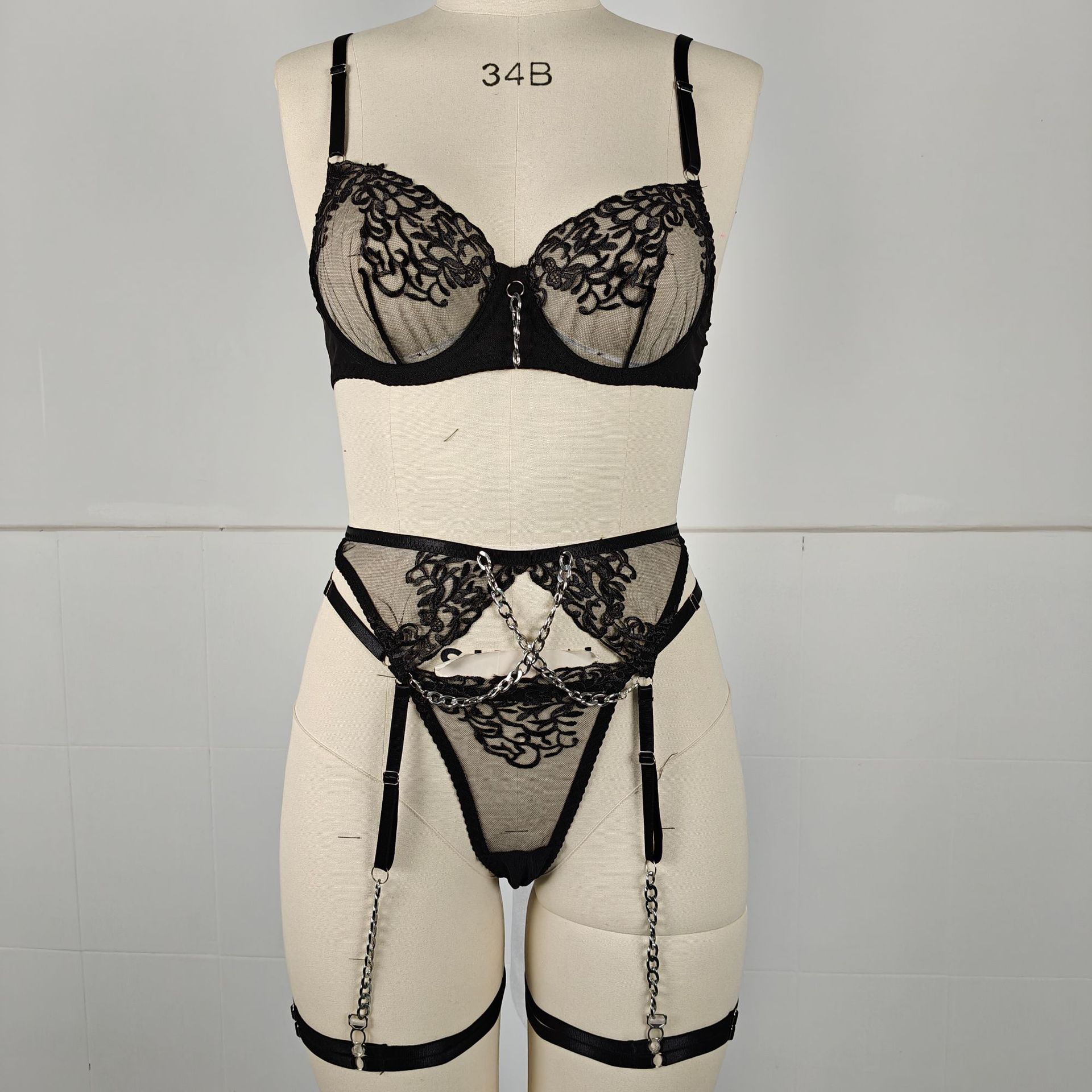 Women's Sexy Solid Color Stainless Steel Flower & Leaf Jewelry Indoor Home Sheer Bra Low Waist See-Through Sexy Lingerie display picture 1