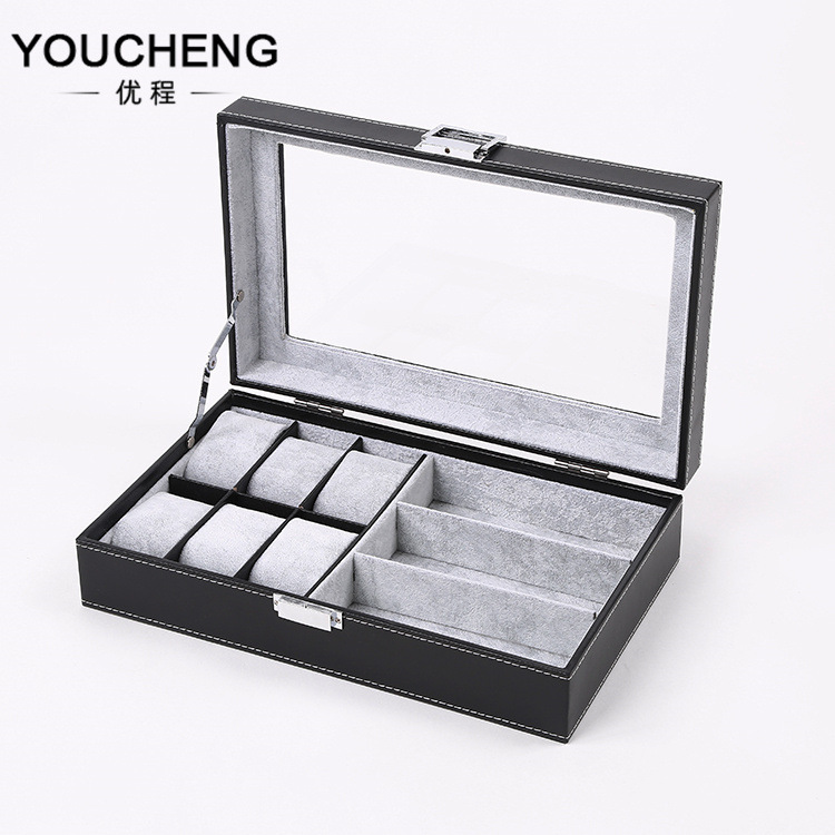 现货批发冰花绒手表眼镜盒6表+3位眼镜收纳盒pu皮翻盖手表收纳盒