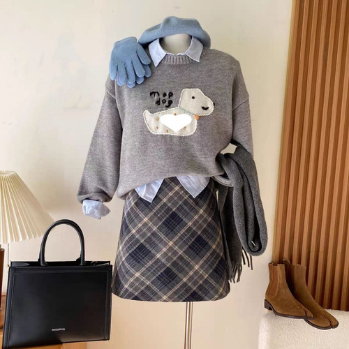 Plus Size Retro Plaid Wool Blend Skirt for Autumn/Winter, Bodycon A-Line Skirt for Plus Size Women, High-Waisted Slimming Mini Skirt