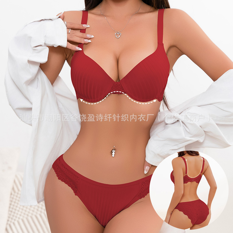 Wholesale Cross-Border Sexy Lace Lingerie Set Tume Amazon Hot-Selling Adjustable Bra Push-Up Ribbed Bra