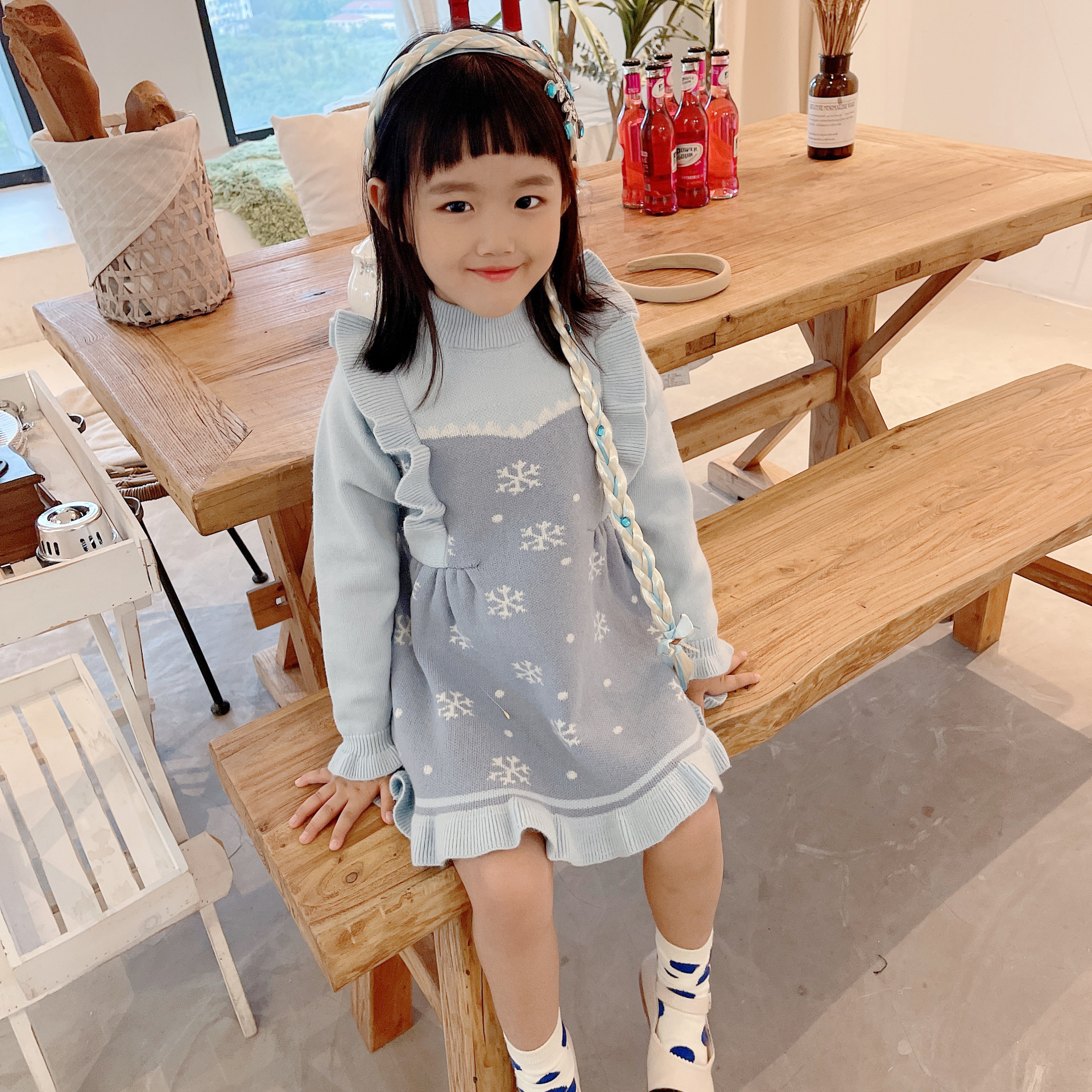 Girls' Woolen 2021 Children's Sweet Korean Edition Western style Ice and Snow Romance Knitted Dress 9002_voghion.com