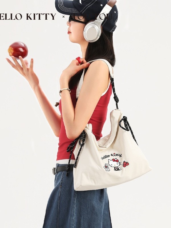 ハローキティ かわいい刺繍キャンバス ポータブル ショルダーバッグ 大容量 ポータブル ショッピングバッグ トートバッグ|undefined