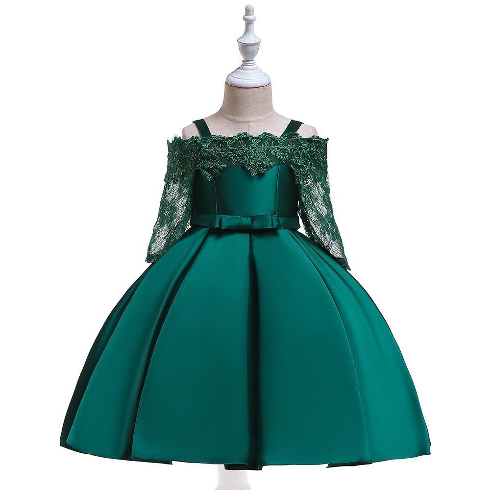 Nueva ropa infantil: vestido de princesa para niñas con tirantes descubiertos, vestido de manga larga con encaje calado, vestido bordado de satén.