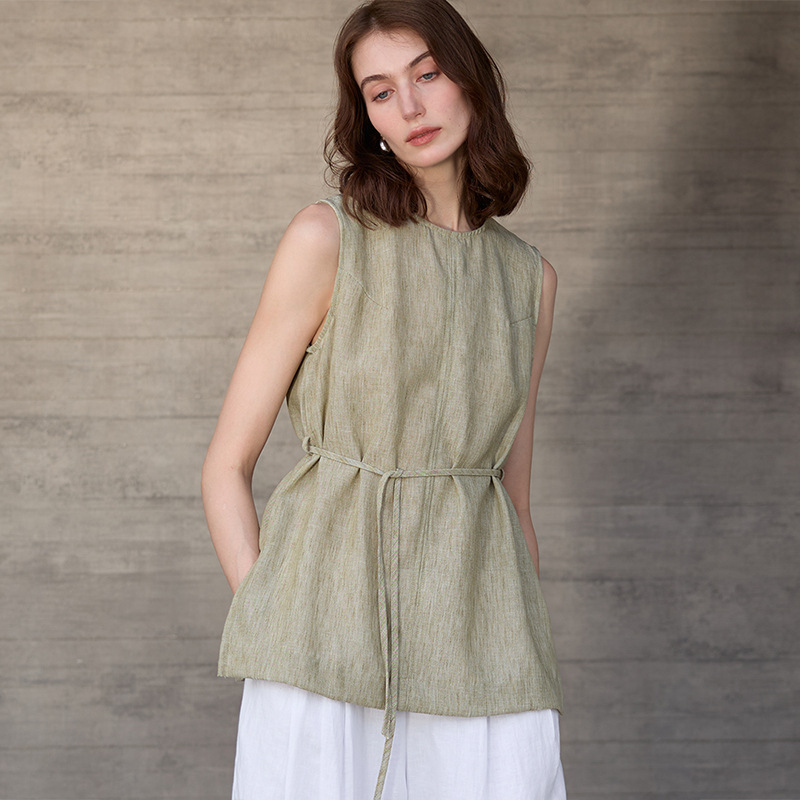 Mid-Length Round Neck Pure Linen Women's Vest High-End Old Money Style Yarn-Dyed Suspender Summer Lace-Up Loose Sleeveless Top