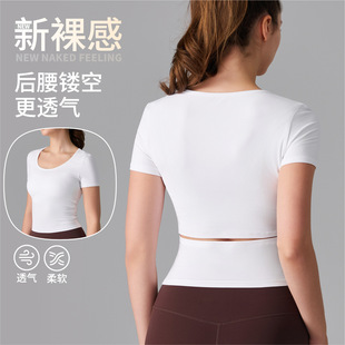 European and American Round Neck Sports T-Shirt with Bare Back Waist and Cut Out Feeling, Slimming Look Yoga Short-Sleeved Women's Breathable Running Fitness Clothing