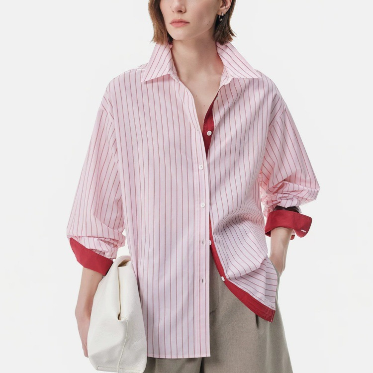 【Spring Sweet Tea】Pink Striped Contrast Color Long Sleeve Shirt for Women 26 Spring/Summer Design Loose Fit Shirt