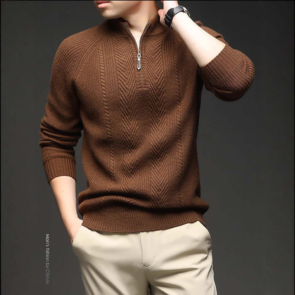Suéter de lana hombre de media altura con cremallera collar suéter de invierno Jacquard cálido suéter de punto casual juvenil