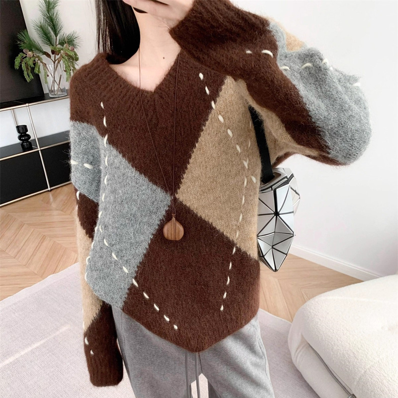 2025 秋冬新韓国レトロ菱形セーター女性のメイラード明線デザインプルオーバー V ネックニットトップ