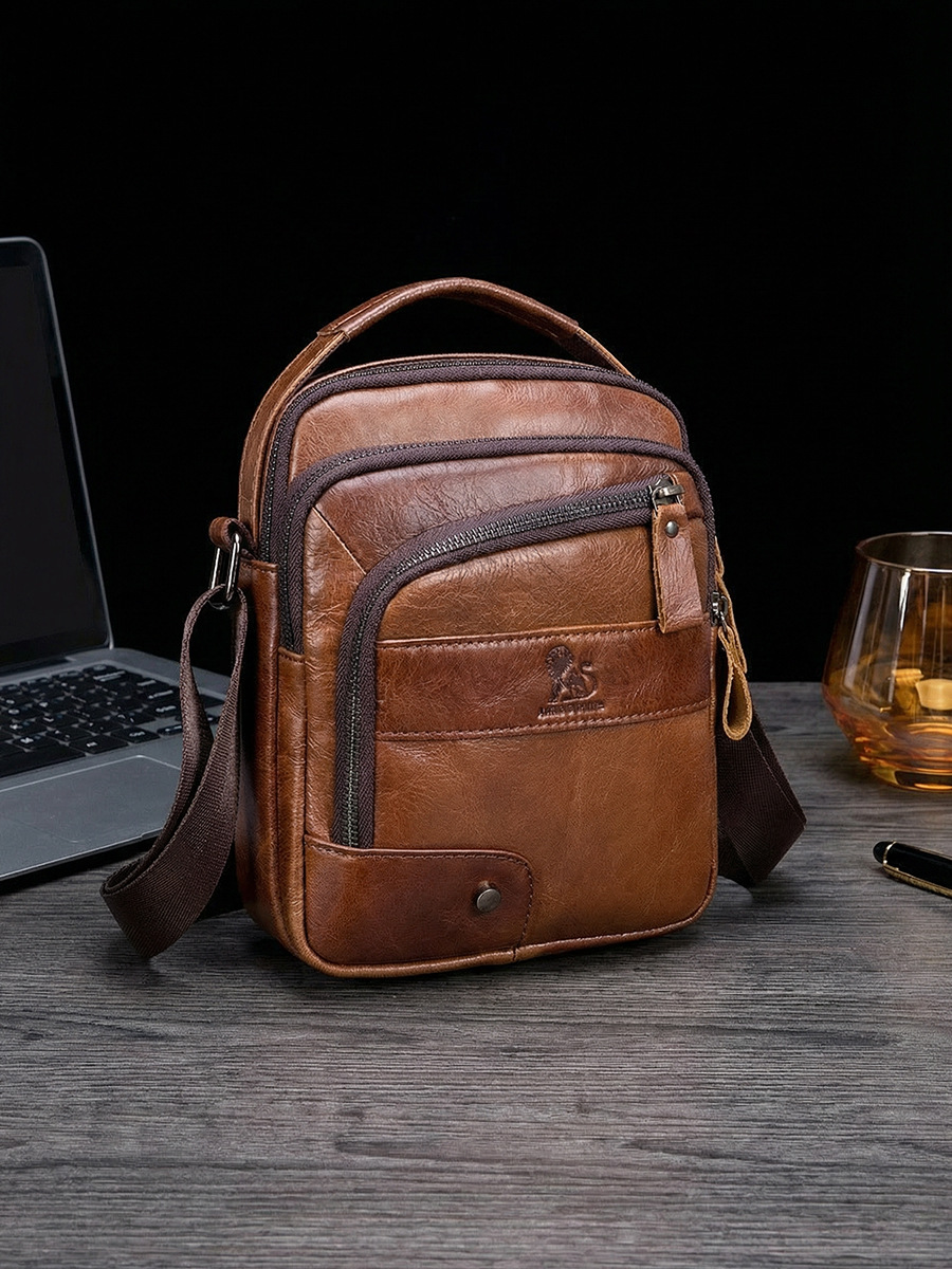 Bolso Bandolera de Cuero para Hombre de Piel de Vaca de Primera Capa, Resistente al Desgaste, para Viajes y Negocios