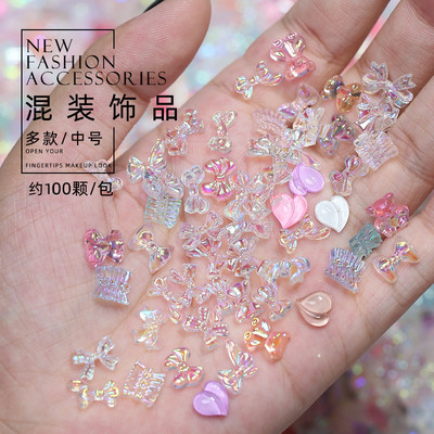 美甲極光蝴蝶結飾品日式網紅同款幻彩透明立體小紅書指甲鑽飾混裝