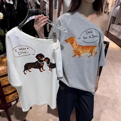 YB開発～ジェニー同風25サマーパールネックレスダックスフントプリント半袖Tシャツオフショルダートップス