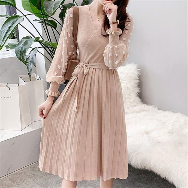 Fairy Knitted Dress for Women 2024 Spring New V-Neck Waist Elegant Lace-Up Mid-Length Pleated Skirt